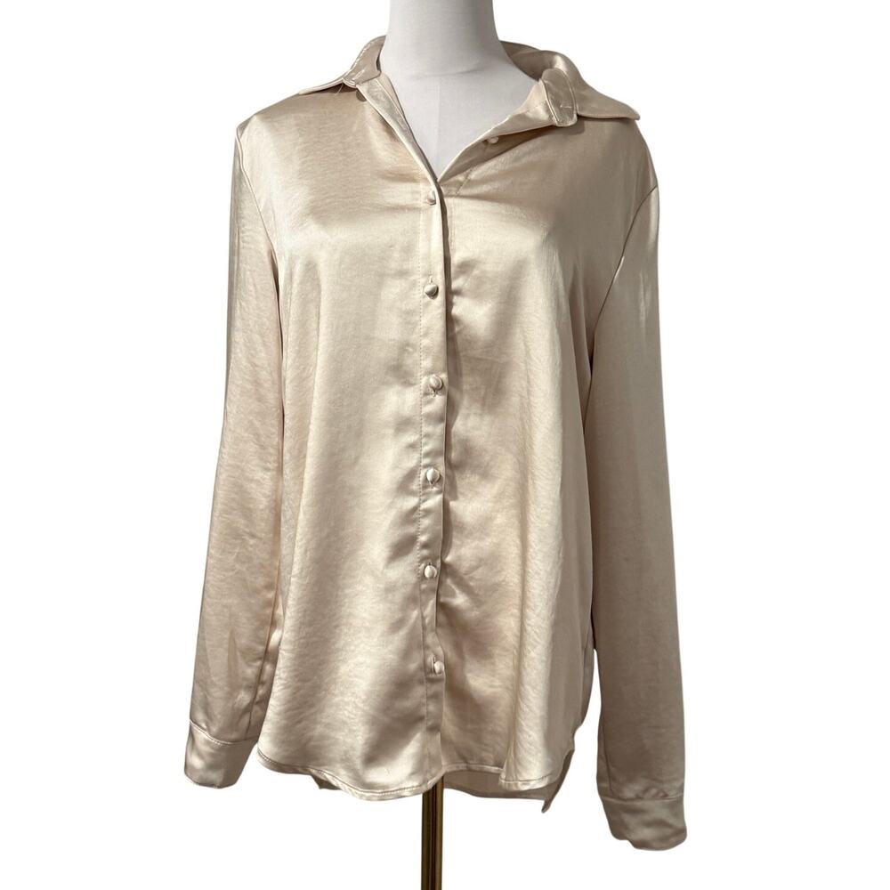 Princess Polly Satin Button Down Shirt 6 Champagne Ivory Long Sleeve Office Chic